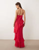 bias cut maxi dress with full hem cut ruffles and high-low hem in pink