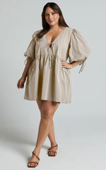 Rosita Mini Dress - Tie Front Puff Sleeve Dress in Stone