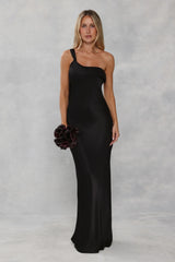The Zafira One Shoulder Satin Maxi Dress Black