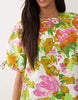 crew neck mini dress with tie sleeve detail in green and pink floral print