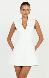 Jacinta Mini Dress - Sleeveless Button Front Tulip Dress in Off White