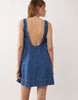 denim scoop neck trapeze dress with pockets in mid blue