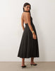 plunge neck structured full skirted midi dress in black scuba-style fabric