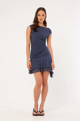 Luck & Trouble Sammy Off Shoulder Asymmetrical Mini Dress Slate