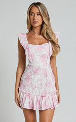 Anisha Mini Dress - Flutter Sleeve Straight Neck With Tie Back Dress in Pink and White Floral Print