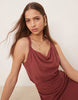 linen twist shoulder detail midi dress with ruching in apple butter