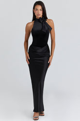 black satin draped maxi skirt