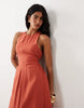 premium 100% linen waisted maxi dress with open back in terracotta