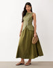 linen look vest midaxi dress with poplin skirt in olive