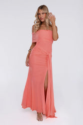 Flora Whisper One Shoulder Mesh Maxi Dress Peach