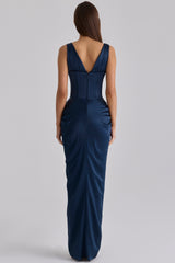 navy satin corset maxi dress