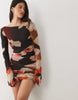 mesh waterfall sleeve ruched mini dress in red bloom floral