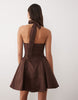 Wanderdoll Marilyn cotton rich structured halterneck shirred bust corset detailing mini dress in chocolate