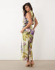 halter neck blouson satin maxi dress in painted floral print