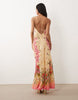 cutwork floral printed one shoulder bias cut maxi dress