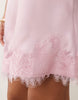 slash neck satin mini dress with lace hem in pink