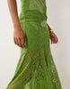 lace high slash neck maxi dress with embellished hotfix panels and embroidery in green