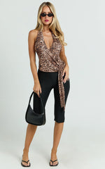 Spencer Top - Jersey Halter Tie Neck Wrap Top in Tonal Leopard
