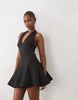 plunge neck structured full skirt mini dress in black scuba-style fabric
