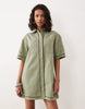 denim boxy shirt mini dress with ladder trim detail in khaki