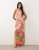 cutwork floral printed one shoulder bias cut maxi dress