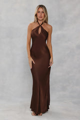 The Delilah Satin Halter Maxi Dress Chocolate Brown
