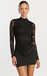 Thalassa Mini Dress - Turtle Neck Long Sleeve Drape Bias Cut Dress in Black