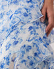 VILA asymmetric frill maxi dress with side split in blue floral print