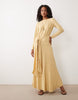 long sleeve full hem maxi dress with tie detail in Gold