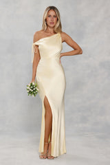 The Clover Off Shoulder Satin Maxi Dress Yellow