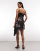 AllSaints Bea sleevless cowl neck asymmetric floral mini dress in black