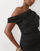 asymmetric off shoulder midi dress in black scuba-style fabric