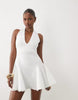 plunge neck structured full skirted mini dress in ivory scuba-style fabric