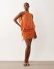 pleated halter neck draped embellished mini dress in orange