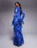 Daska chiffon high cowl neck frill detail maxi dress in cobalt abstract print