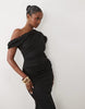 asymmetric off shoulder midi dress in black scuba-style fabric