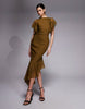 high neckline midaxi dress with flutter sleeve and asymmetric hem shape with lace trim detail in olive
