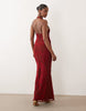 Premium embroidered applique scoop halter maxi dress in red