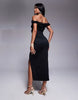 structured twist bardot bodycon midi dress in black scuba-style fabric
