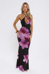 Midnight Blossoms Halter Maxi Dress Floral