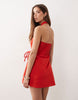 cotton-linen blend halter neck wrap mini sundress in red
