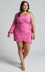 Paige Mini Dress - One Shoulder Frill Hem Wrap Skirt Dress in Pink
