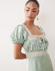 Hope & Ivy Petite satin square neck lace detail puff sleeve maxi dress in green jacquard