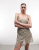 Monki asymmetric ruffle chiffon mini dress in vintage khaki floral