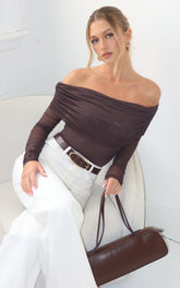 Jaythen Bodysuit - Long Sleeve Off Shoulder Ruched Mesh Bodysuit in Chocolate