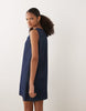 denim keyhole mini shift dress with bow detail in dark mid blue