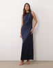 satin drape bodice maxi dress with cowl back detail in navy