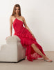 bias cut maxi dress with full hem cut ruffles and high-low hem in pink