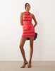 Ruched & Ready mesh cross front racer neck draped waist detail mini dress in red and pink ombré stripes