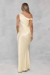 The Clover Off Shoulder Satin Maxi Dress Yellow
